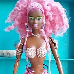 Custom Barbie mermaid doll pink curly hair & braids
